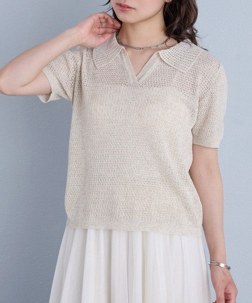 Sheer V-Neck Summer Knit Top — Short Sleeve Relaxed Fit