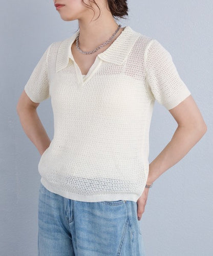 Sheer V-Neck Summer Knit Top — Short Sleeve Relaxed Fit