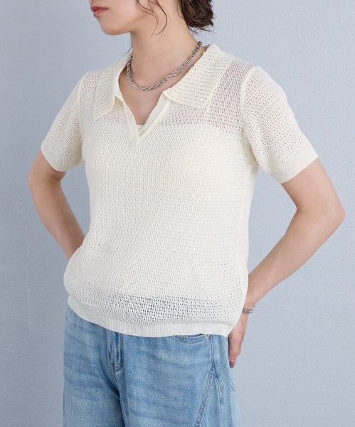 Sheer V-Neck Summer Knit Top — Short Sleeve Relaxed Fit