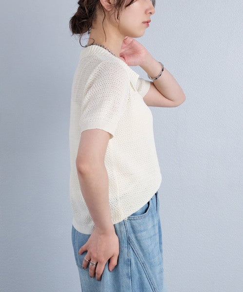 Sheer V-Neck Summer Knit Top — Short Sleeve Relaxed Fit