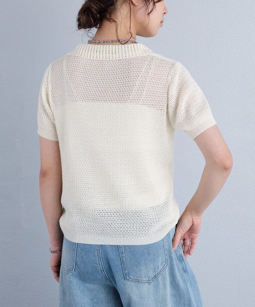 Sheer V-Neck Summer Knit Top — Short Sleeve Relaxed Fit