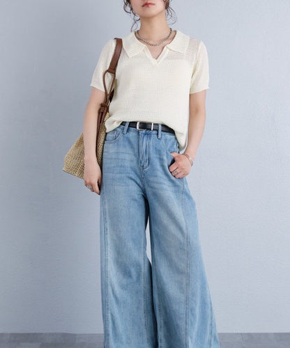 Sheer V-Neck Summer Knit Top — Short Sleeve Relaxed Fit