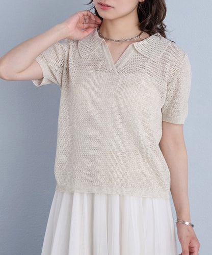 Sheer V-Neck Summer Knit Top — Short Sleeve Relaxed Fit